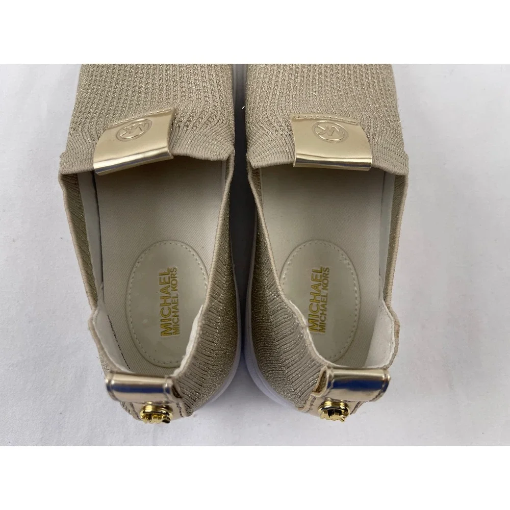 Michael Kors Bodie Womens‎ 7 M Gold Metallic Knit Slip On Sneaker Logo Excellent